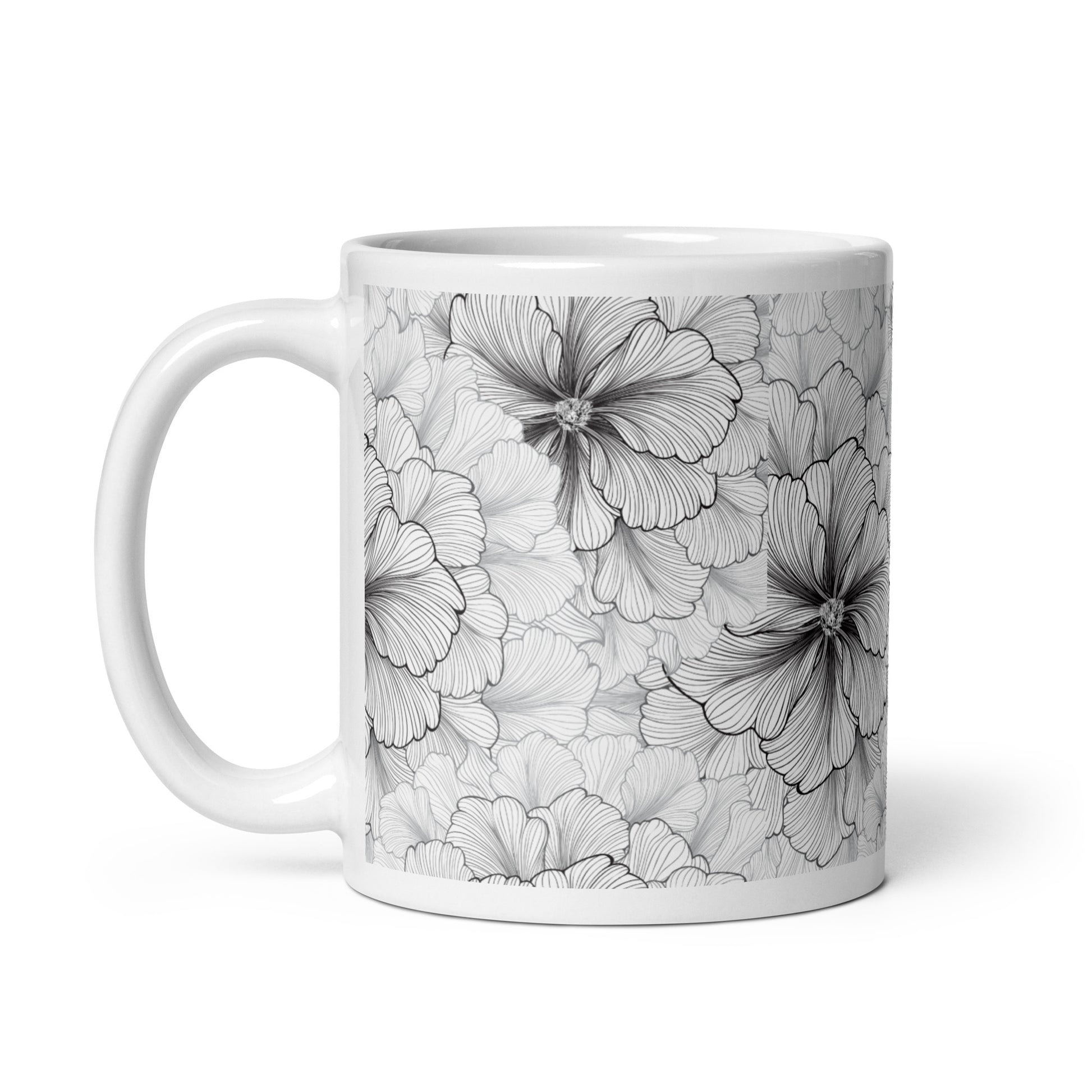 Inked Blooms Zinnia ceramic coffee mug - 11 oz - handle on left