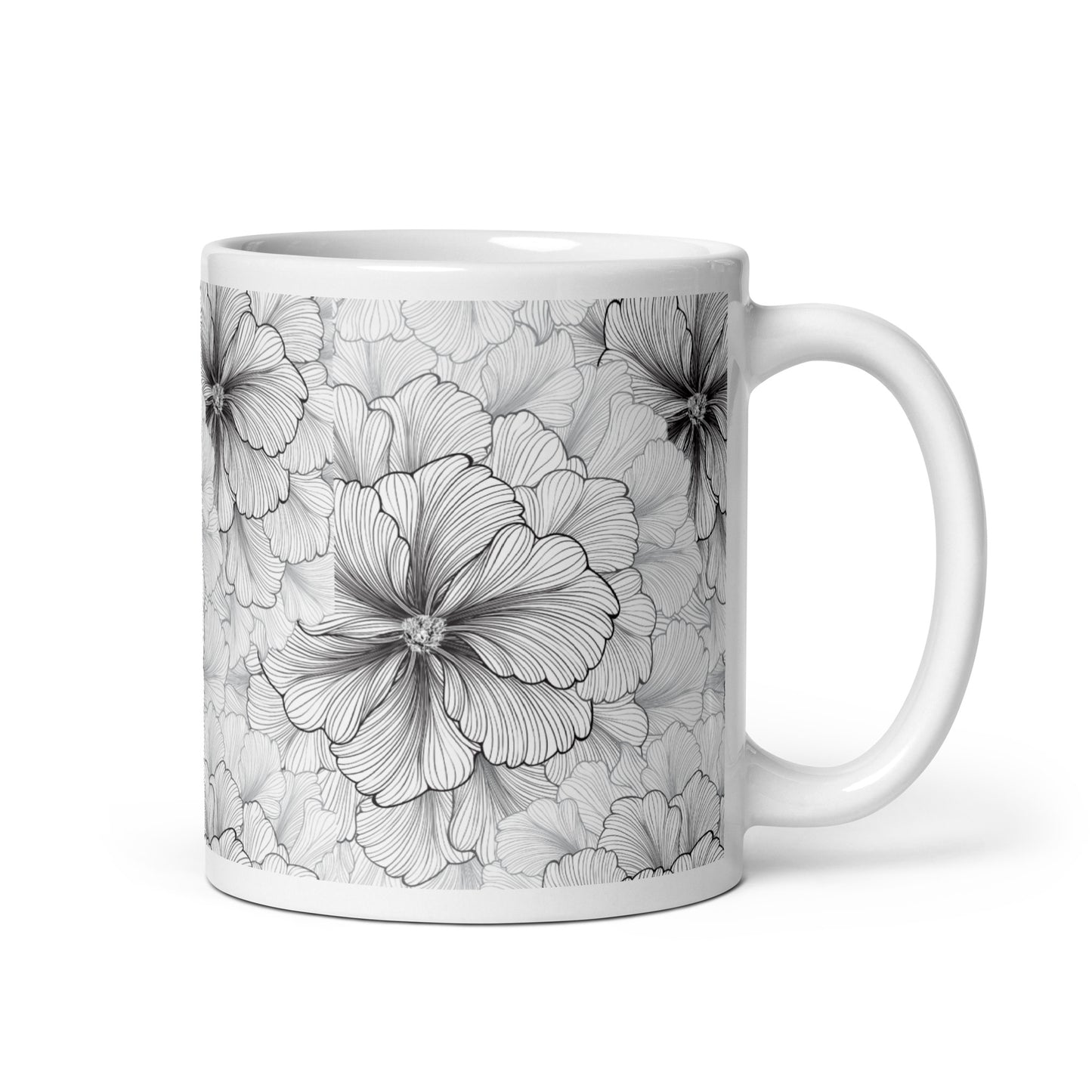 Inked Blooms Zinnia ceramic coffee mug - 11 oz - handle on right