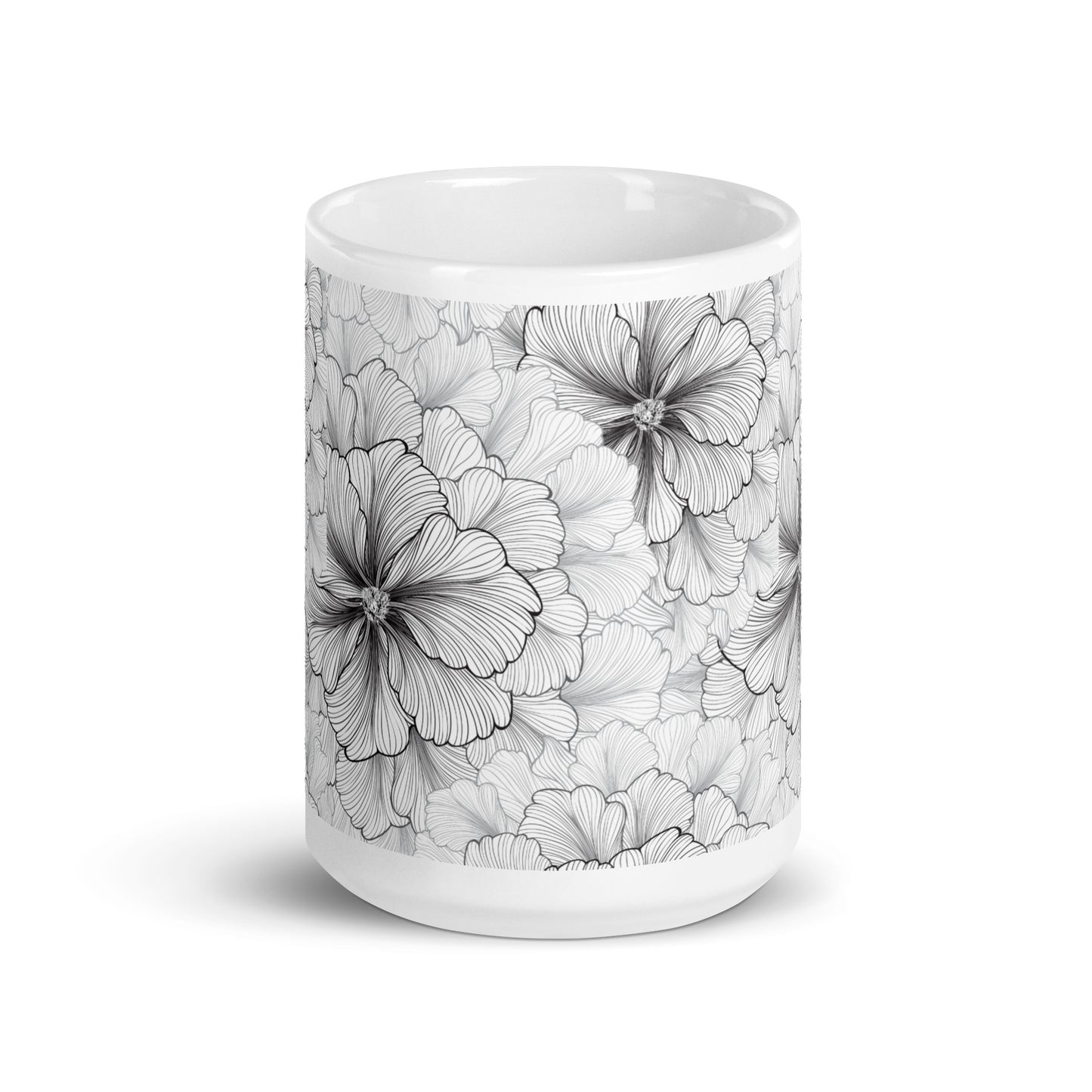 Inked Blooms Zinnia ceramic coffee mug - 15 oz - front view