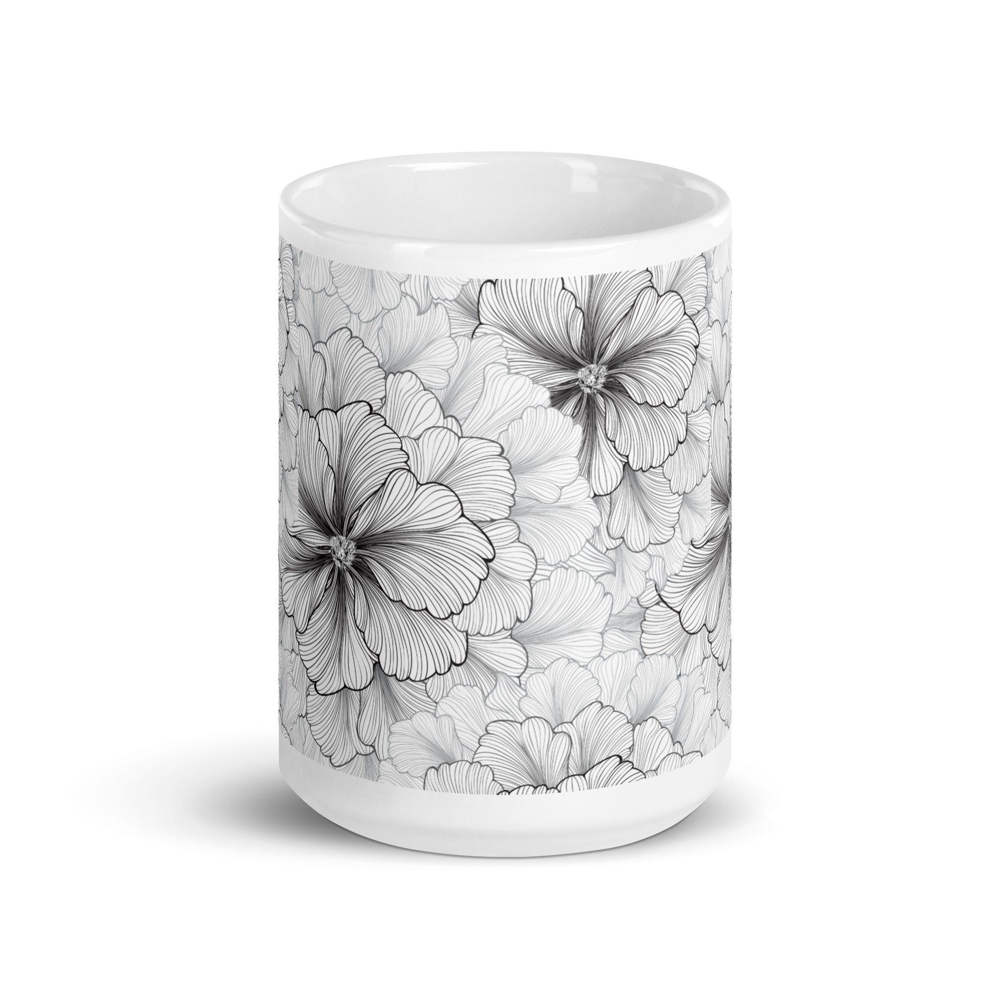Inked Blooms Zinnia ceramic coffee mug - 15 oz - front view