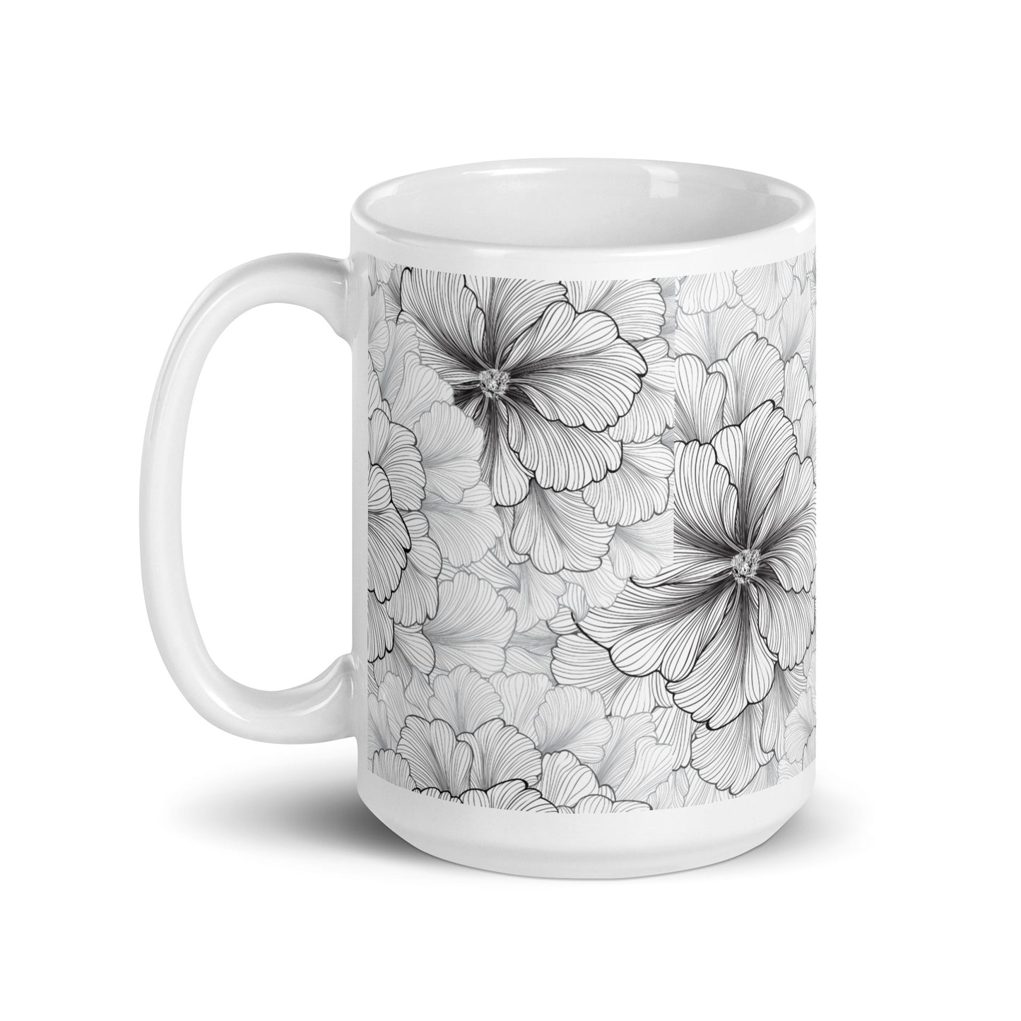 Inked Blooms Zinnia ceramic coffee mug - 15 oz - handle on left