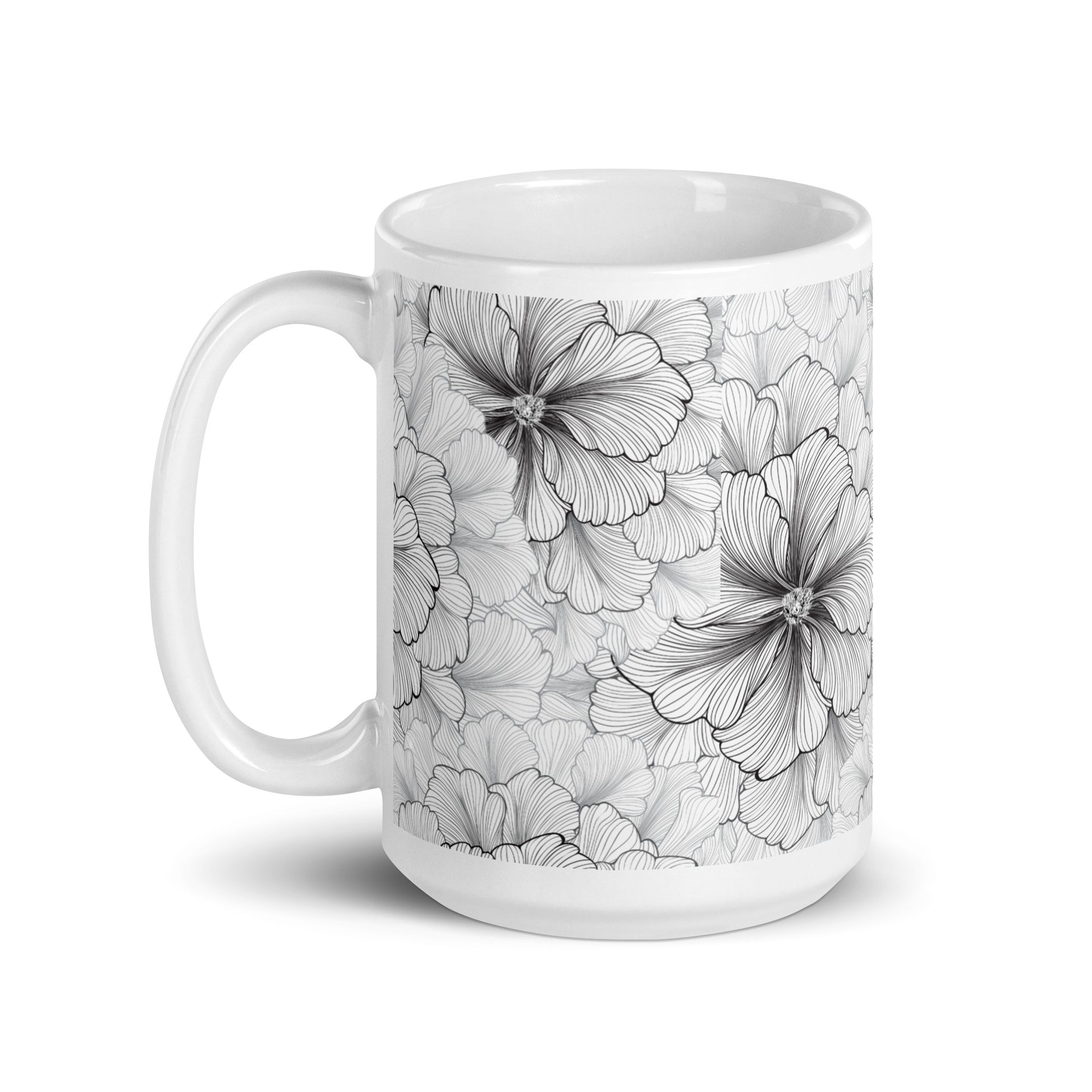 Inked Blooms Zinnia ceramic coffee mug - 15 oz - handle on left