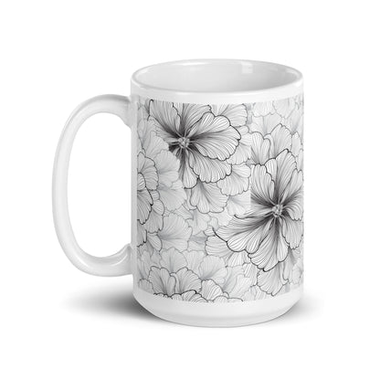 Inked Blooms Zinnia ceramic coffee mug - 15 oz - handle on left
