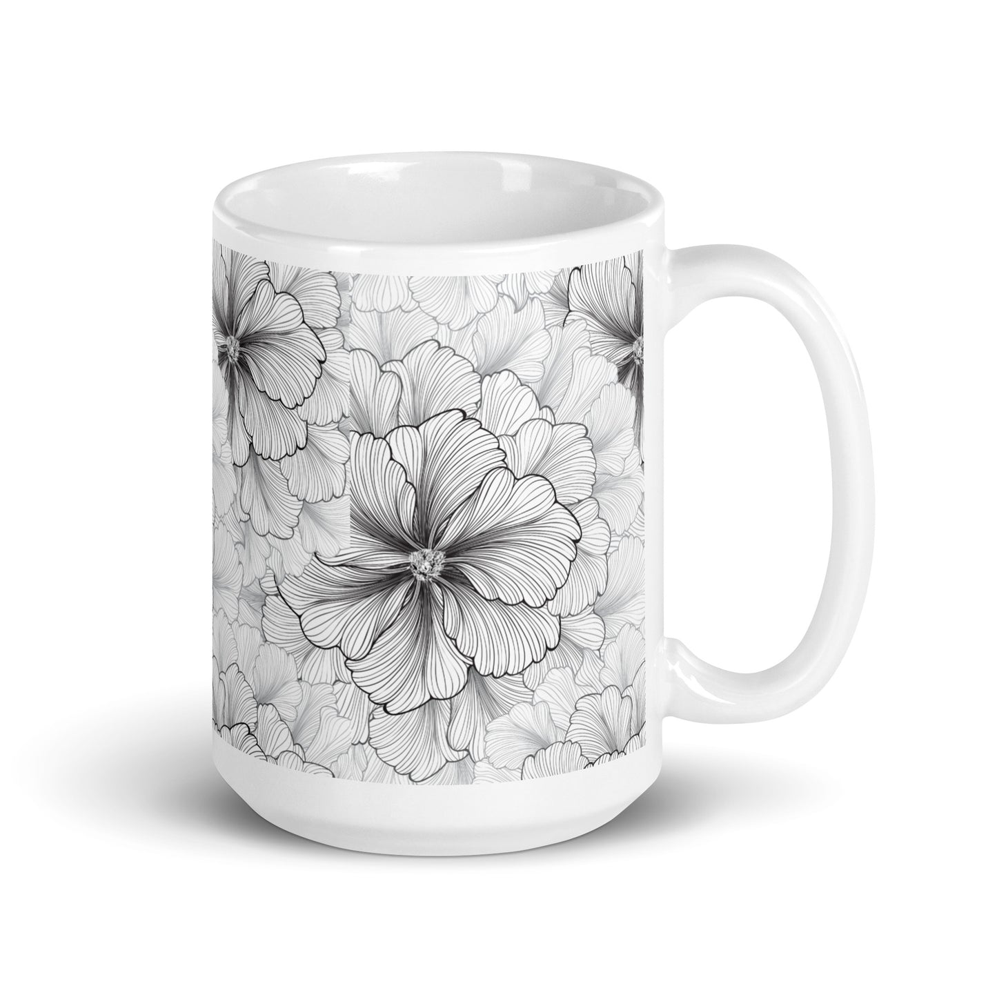 Inked Blooms Zinnia ceramic coffee mug - 15 oz - handle on right