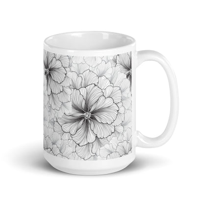 Inked Blooms Zinnia ceramic coffee mug - 15 oz - handle on right