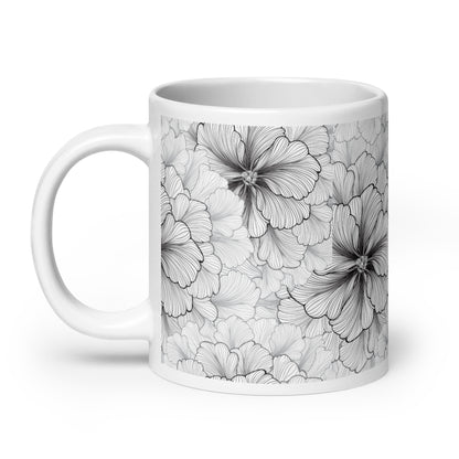 Inked Blooms Zinnia ceramic coffee mug - 20 oz - handle on left