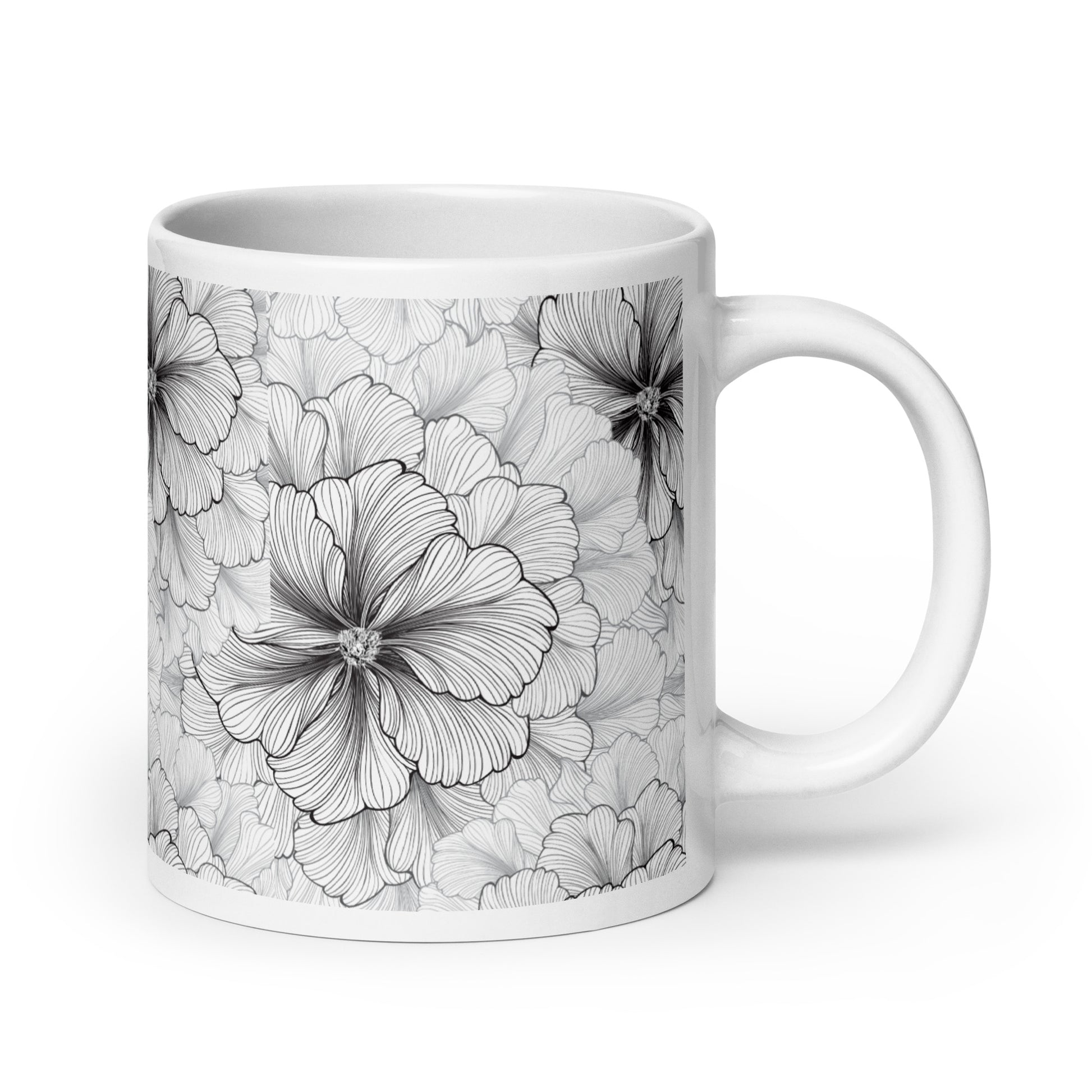 Inked Blooms Zinnia ceramic coffee mug - 20 oz - handle on right