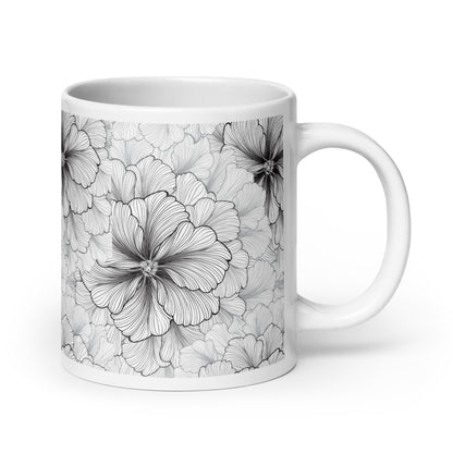 Inked Blooms Zinnia ceramic coffee mug - 20 oz - handle on right