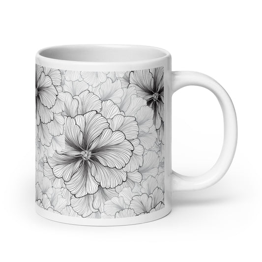 Inked Blooms Zinnia ceramic coffee mug - 20 oz - handle on right