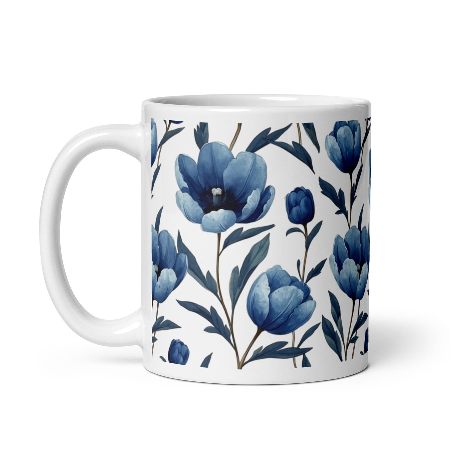 Tulipa — Indigo ceramic coffee mug - 11oz - handle on left
