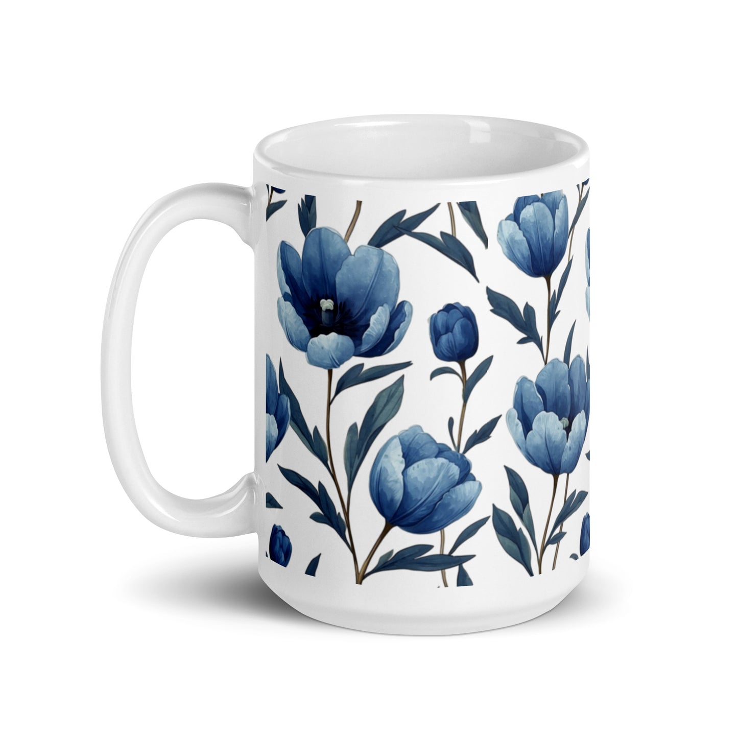Tulipa — Indigo ceramic coffee mug - 15oz - handle on left