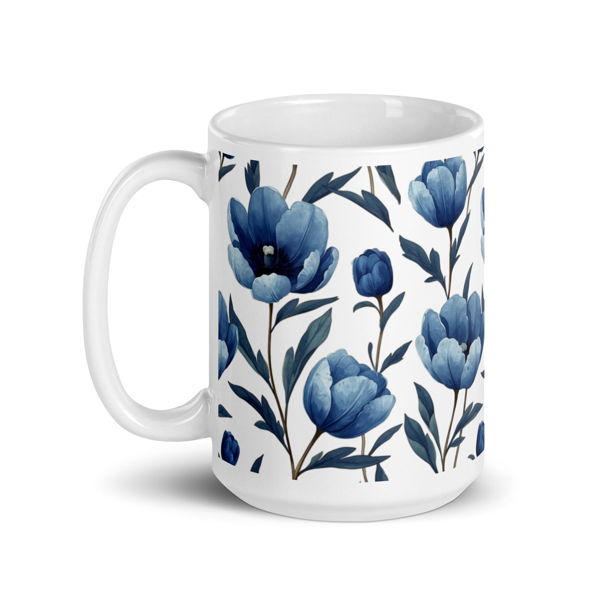 Tulipa — Indigo ceramic coffee mug - 15oz - handle on left