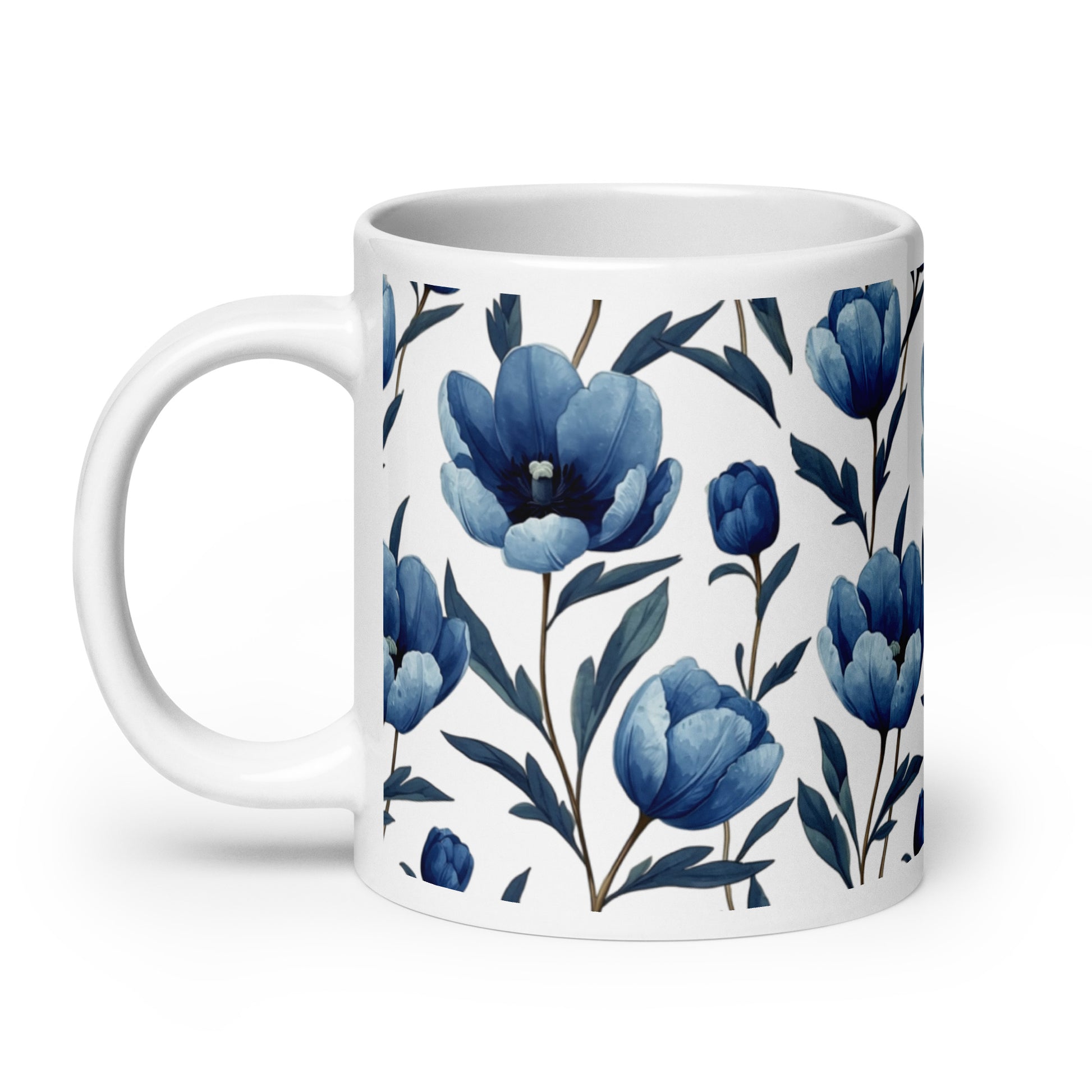 Tulipa — Indigo ceramic coffee mug - 20oz - handle on left